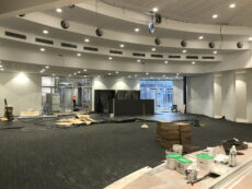 large conference room in white with wiring