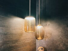 Custom lighting over marble top with aztec head